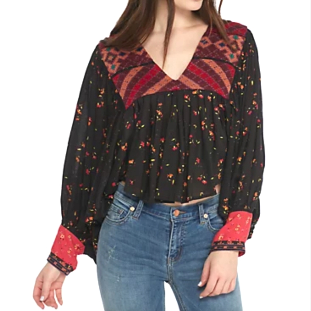Free People women's floral embroidery long sleeve top women's size small